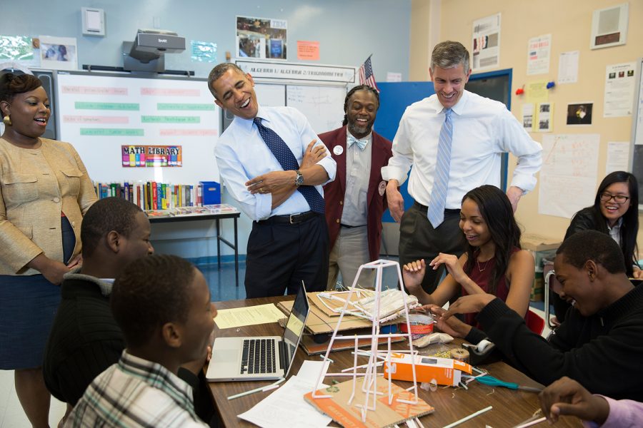 President Barack Obama and Education Secretary Arne Duncan visit a classroom at the Pathways in Technology Early College High School (P-TECH) in Brooklyn, New York, Oct. 25, 2013. (Official White House Photo by Pete Souza) 

This official White House photograph is being made available only for publication by news organizations and/or for personal use printing by the subject(s) of the photograph. The photograph may not be manipulated in any way and may not be used in commercial or political materials, advertisements, emails, products, promotions that in any way suggests approval or endorsement of the President, the First Family, or the White House.