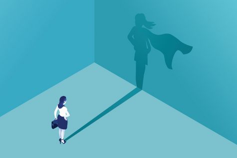 Businesswoman with superhero shadow vector concept. Isometric Eps10 vector illustration. Business symbol of emancipation ambition success motivation leadership courage and challenge.